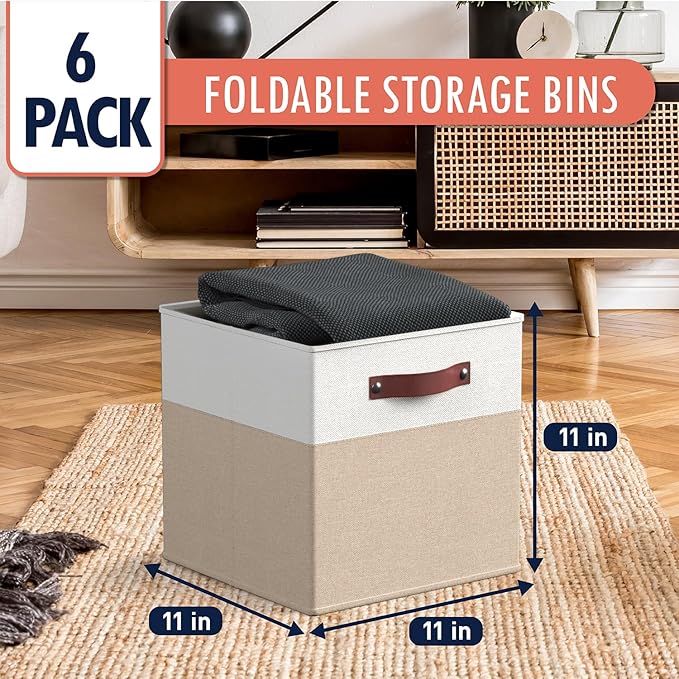Ornavo Home 11 x 11 Storage Cube Bins, Foldable Collapsible Fabric Storage Bins Box Linen Shelf Basket Cube Organizer for Closet with Leather Handles, 6 Pack, White/Khaki