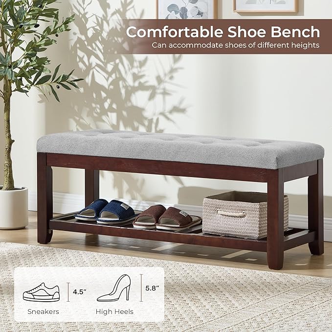 Shoe Bench Entryway, 44" End of Bed Bench,Upholstered Linen Bench for Living Room,Fabric Ottoman Bench with Solid Wood Shelf for Bedroom, Entrance Lightgrey