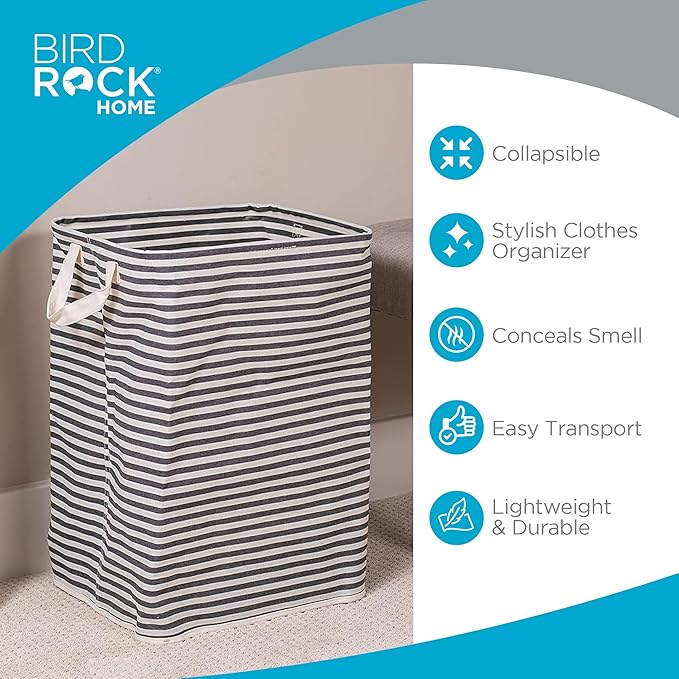 BIRDROCK HOME Laundry Hamper Bin Basket for Clothes, Compact Slim Collapsible Organizer for Dirty Clothes - Ideal for Small Spaces Bedroom, Bathroom, Dorm, Kids Room - 61L, Grey & White Stripes