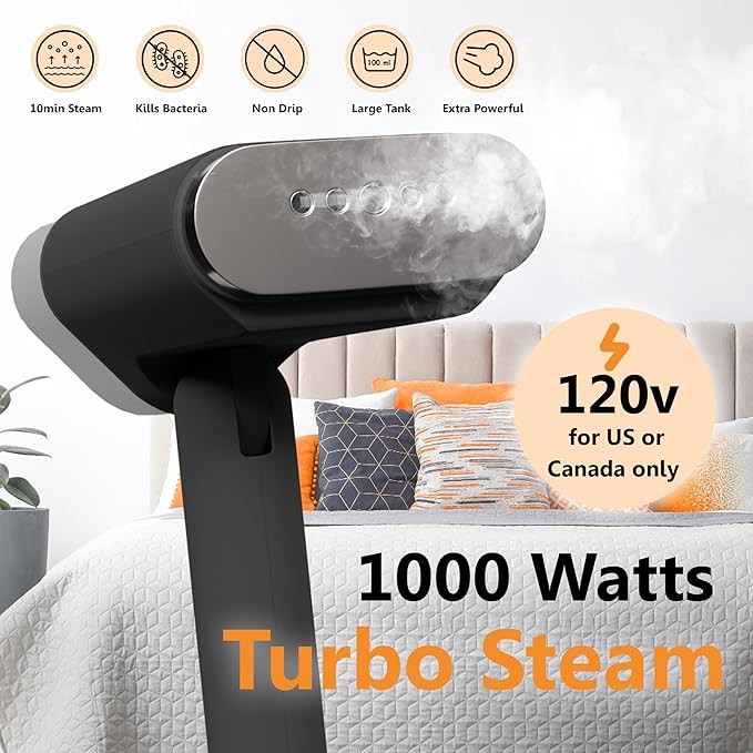 Pionix Handheld Garment Steamer - Foldable Handheld Steamer Clothes, 2-in-1 Horizontal & Vertical Fabric Steamer, Portable Hand Held Steamers for Clothes, 1000W Steam Press for Home & Travel - black