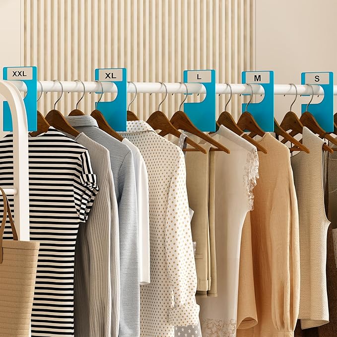 20 Pack White Clothing Rack Size Dividers Plus 45 Labels (1 Inch) and 18 Large Blank Labels, Large Rectangular Clothing Closet Dividers (Blue)