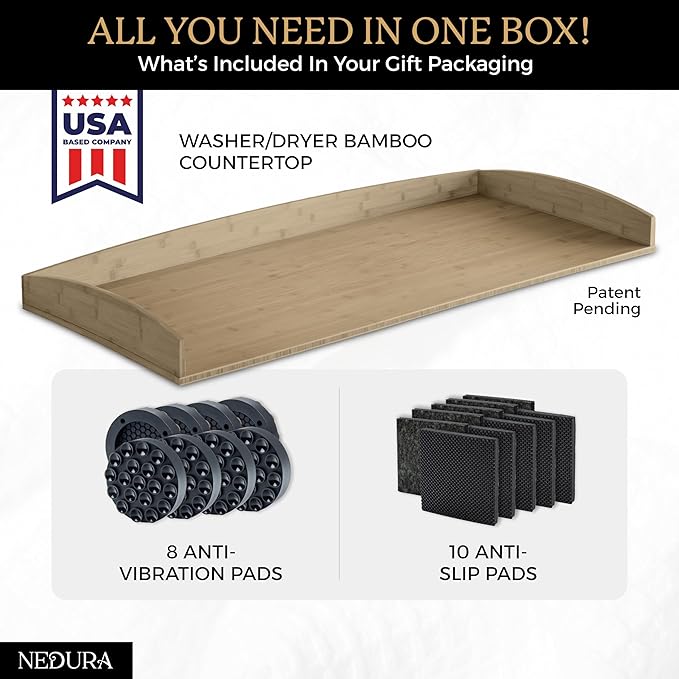 Nedura Washer Dryer Countertop w/Anti-Vibration Pads & Curved Edge Rails, Premium Bamboo Laundry Countertop, Washer Dryer Topper, Laundry Room Organization, Laundry Room Accessory - Driftwood
