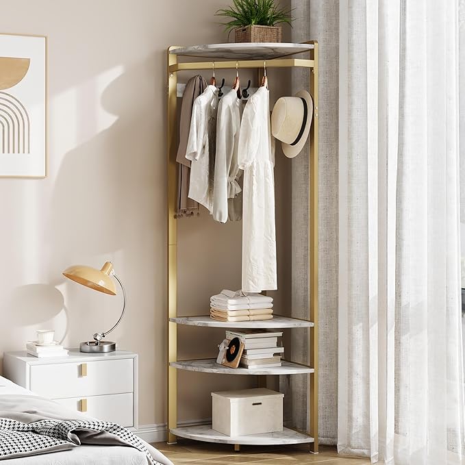 IDEALHOUSE Corner Coat Rack with Shoe Bench Entryway and 6 Double Hooks, Corner Hall Tree - Corner Clothes Rack with Storage Corner Tree with Organizer Shoe Bench Shelf for Entryway, Hallway, Closet