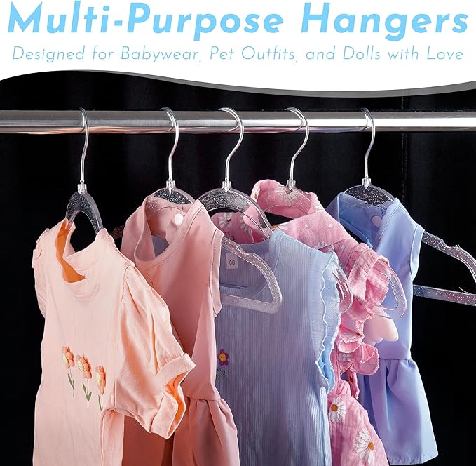 20-Pack Kids Glitter Clothes Hangers – Sparkly Non-Slip 12.5in (32cm) Slim Hangers for Nursery Closet Organization, Silver Glitter with Matching Hook