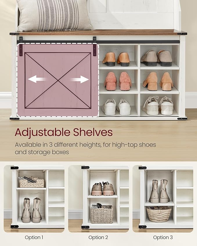 VASAGLE Hall Tree with Bench and Shoe Storage, Coat Rack with Shoe Bench, Entryway Furniture, 6 Tri-Hooks, Sliding Door, Farmhouse Style, Space Saving, Rustic White and Honey Brown UHSR442W01V1