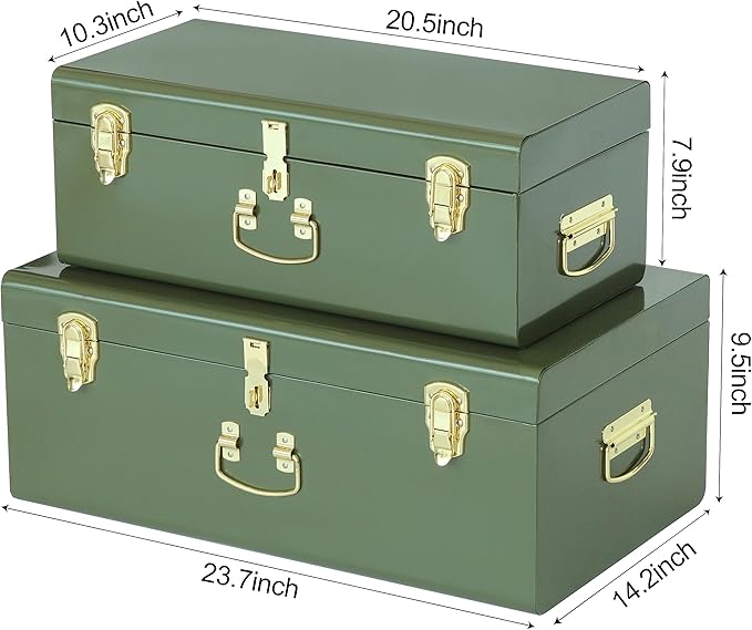 Vixdonos Metal Trunk Decorative Storage Box Set of 2 College Dorm Chest with Handle (Green)
