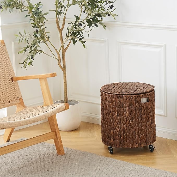 Wimarsbon Vintage Storage Basket, Multipurpose Rolling Hamper With Brakable Wheels and Lid, Braid Laundry Bin, Handwave Clothes Toy Organizer Tote for Living Room