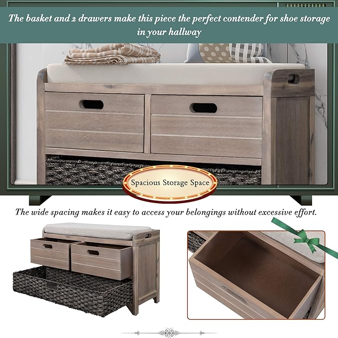 SOFTSEA Storage Bench for Entryway, Upholstered Storage Ottoman with Removable Basket and 2 Drawers, Farmhouse Shoe Bench with Seat Cushion for Entryway, Living Room, Full Assembled, White Wash
