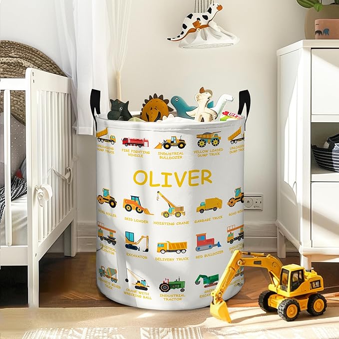 Personalized Laundry Hamper | Custom Name Excavator Design Laundry Baskets | 12 Colors Option | Gifts for Clothes Toy Bathroom Bedroom Laundry Room Dorm