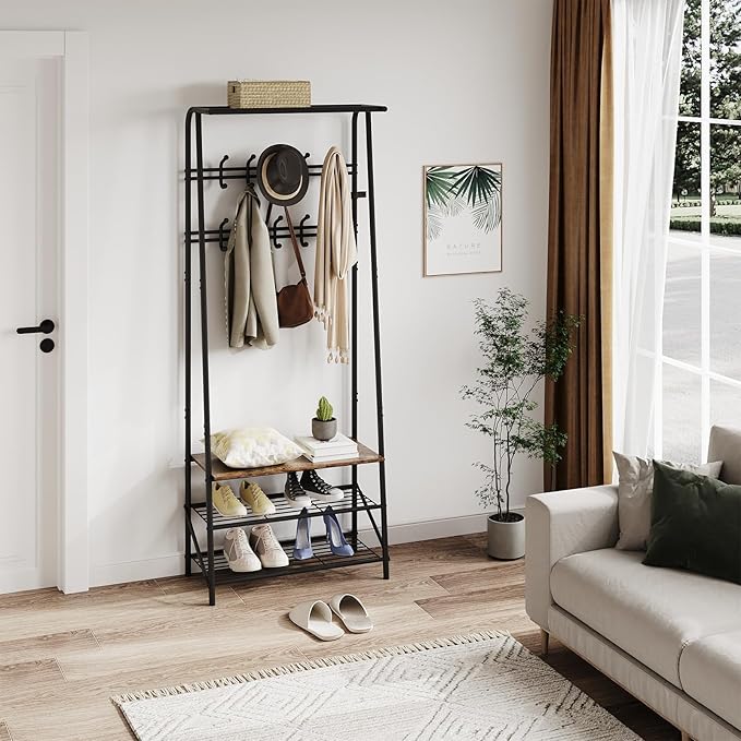 4-in-1 Entryway Organizer with 10 Double Row Hooks, Coat Rack and Shoe Storage Bench, Sturdy Metal Frame, Space-Saving Design for Living Room or Foyer, Rustic, 25.2" D x 11.4" W x 70" H