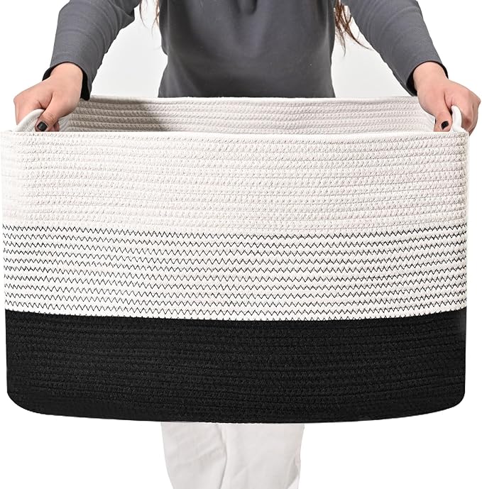 Large Blanket Basket Living Room, Rectangle Toy Storage Basket, Large Baskets for Blankets, Woven Cotton Rope Baskets for Storage, Books, Shoes, Dirty Clothes, 22”x17”x12”, Gradient Black, 75L