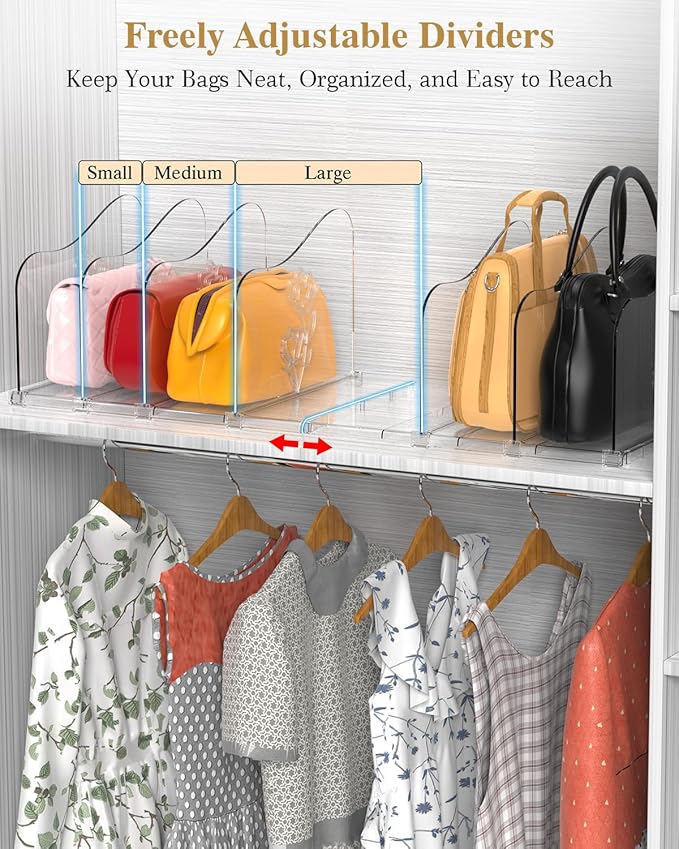 Rose Purse Dividers for Closet, 2 Pack Clear Clutch Purse Closet Organizers, Adjustable Handbag Storage Organizers, Plastic Bookshelf Separator Dividers for Bedroom Office