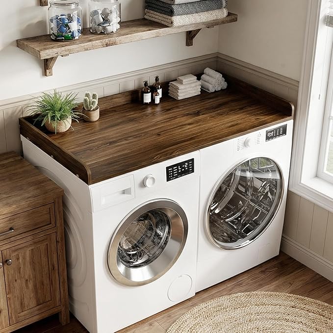 Washer Dryer Countertop, 27.5 x 54 Inch Washer and Dryer Countertop for Laundry Room Organization with Edge Wooden, Walnut