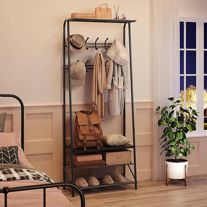 Coat Rack Shoe Bench with Double-Row 10 Hooks 60cm Width, 3-Tier Shelf Entryway Hall Tree with Storage, Metal Frame Multifunctional Organizer, 4-in-1 Coat Rack for Bathroom, Hallway.Black.