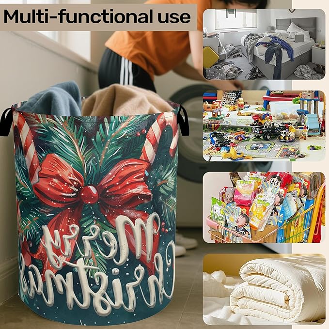 Merry Christmas Laundry Basket - Heavy Duty 60L Dirty Clothes Organizer, Water Resistant Foldable Hamper for Men Women