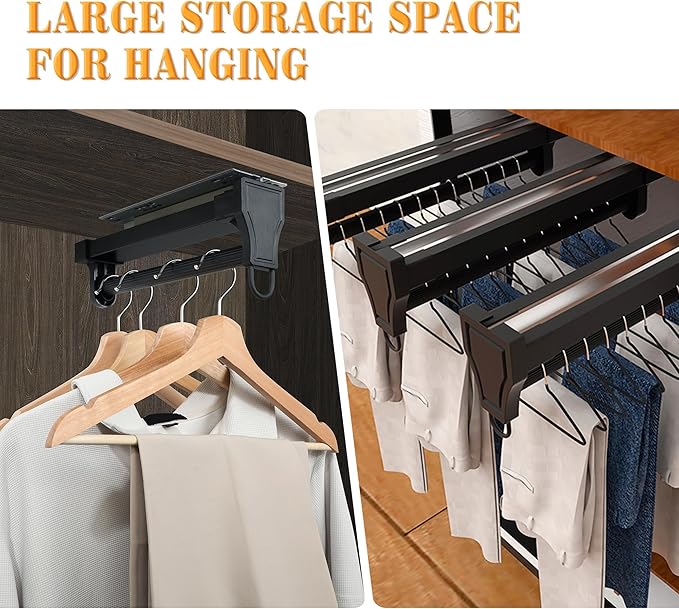 Alise Pull Out Clothes Hanger Rack for Closet,Heavy Duty Closet Rod with Automatic Soft-Close Mechanism for Closets,16 inch Closet Pull Out Metal Rod Organizer Hangers for Coats Pants Hangers,Black