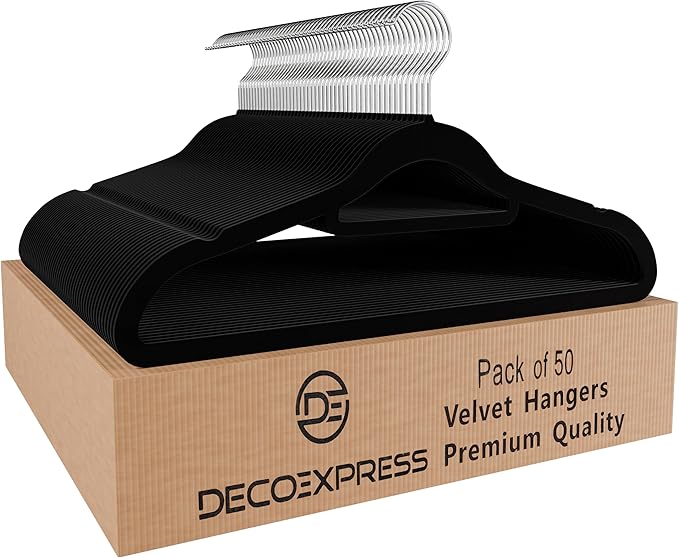 Deco Express Velvet Hangers, Space Saving Non Slip Coat Hangers for Clothes Multipack (Black, 50 Pack)