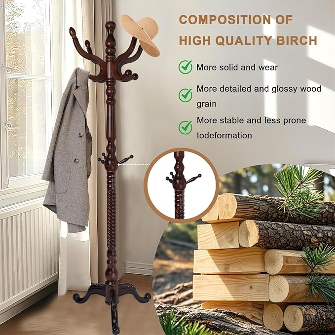 Solid Wood Coat Rack, Free Standing Hall Coat Tree with 11 Hooks, 2 Height Options, 270lbs Load, Stury Base, Clothes Rack for Entryway, Hallway, Bedroom (Tri-legged Base - Dark Brown)