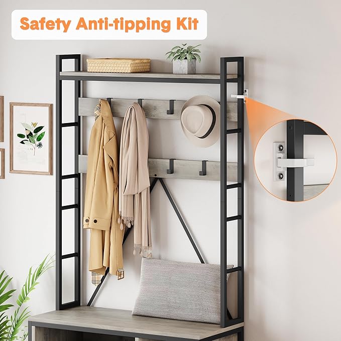 Industrial Hall Tree with Shoe Bench & Coat Rack - 8 Hooks, Storage Shelf & Hanging Bar for Entryway, Grey Wood Look Accent Furniture