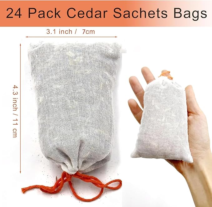 Cheardia 24 Pack Cedar Sachets Bags, 4.3In Red Cedar Chips Sachets for Closets and Drawers Storage, Fresh Scents, Home Fragrance Sachet for Shoes Clothes