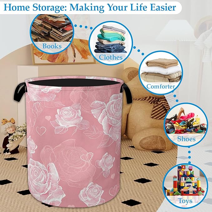 Pink Roses Large Storage Basket Collapsible Laundry Basket Oxford Storage Bin for Toy Bins Gift Baskets Bedroom Clothes Children Nursery Hamper 16" X 20.8"