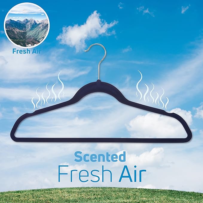 Non-Slip Scented Velvet Hangers - Heavy Duty Clothes Hanger - Ultra Thin Space Saving 360 Degree Swivel Hook - Ideal for Coats, Jackets, Pants, & Dress - Fresh Air - 6 Pack