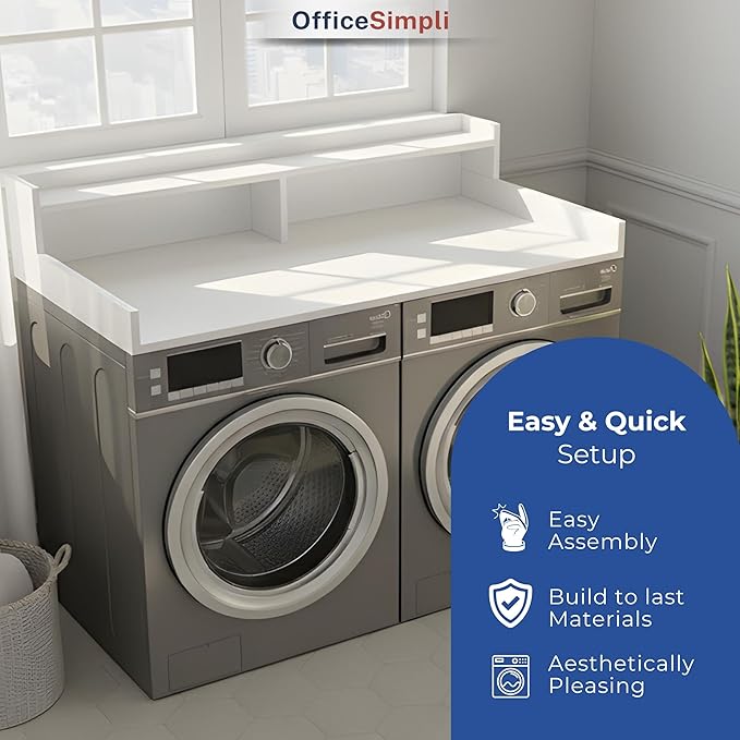 OfficeSimpli Large Washer Dryer Countertop with Shelf - 30 x 58 Inch - Made in USA Laundry Countertop Over Washer and Dryer with Non-Slip Pads, Storage Shelf, Laundry Topper Organizer, Gracier White
