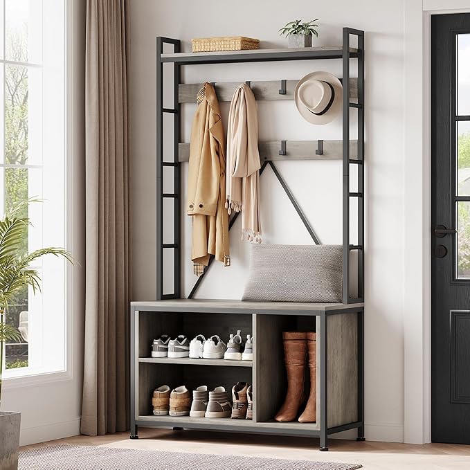 Industrial Hall Tree with Shoe Bench & Coat Rack - 8 Hooks, Storage Shelf & Hanging Bar for Entryway, Grey Wood Look Accent Furniture