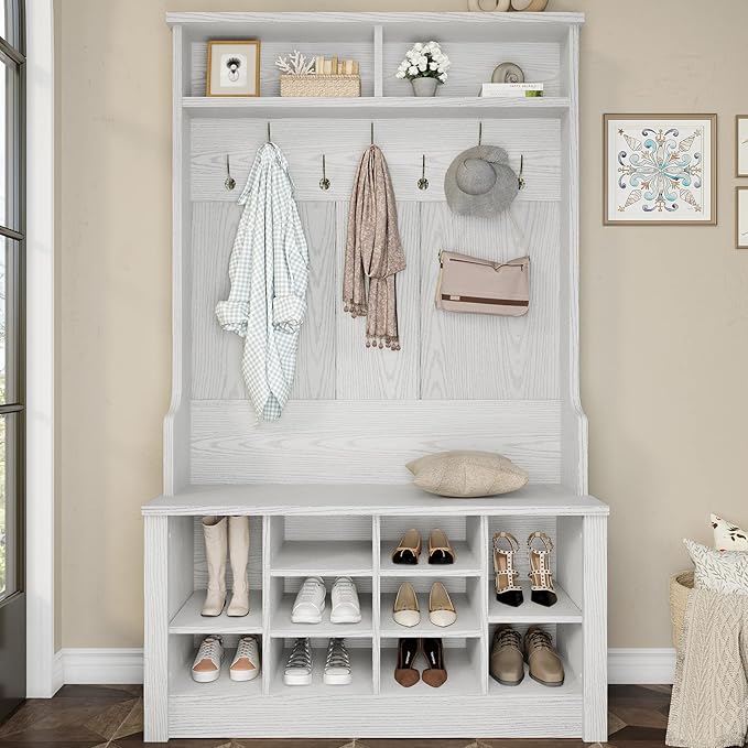 Itaar Hall Tree with Storage Bench, 3-in-1 Entryway Bench with Coat Rack, Adjustable Shoe Storage and Hanging Hooks, Embossed White