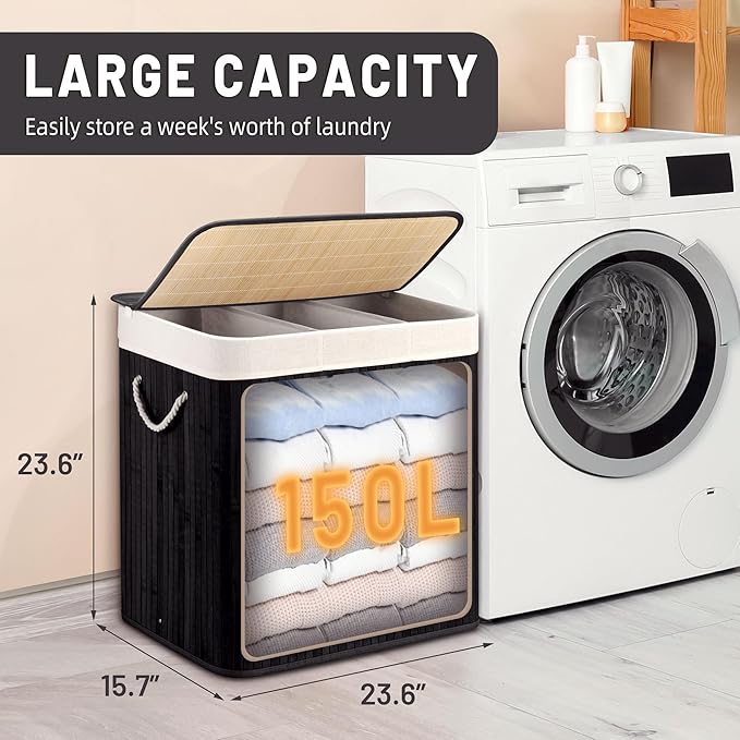 150L Laundry Hamper with lid, 3-Section Clothes Laundry Basket with Handles, Large Collapsible Bamboo Baskets for Bedroom, Bathroom, Dorm, Ink Black