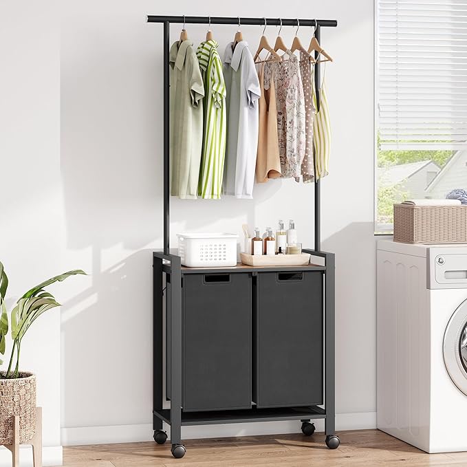 2 Laundry Hamper Sorter with Wheel/Lockable, Laundry Room Organization With Shelf, 42" Hanging Rack+12" Extendable Rod, Laundry Basket for Balcony, Cloakroom