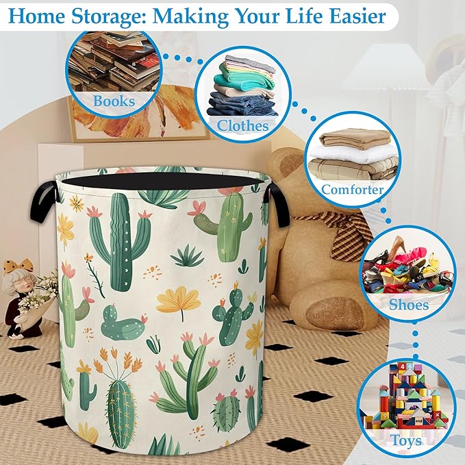 Groovy Cactus Flower Laundry Basket Collapsible Laundry Hamper, Oxford Cloth Storage Bin for Room/Bathroom/Bedroom/Dormitories 16" X 20.8"