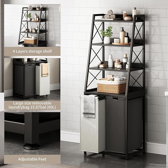 Laundry Basket, 2 Section Laundry Hamper with 4 Tiers Shelf, Pull-Out and Removable Laundry Bags, Large 2 x 15.87 Gallons, for Bedroom Bathroom Black PF11XLK