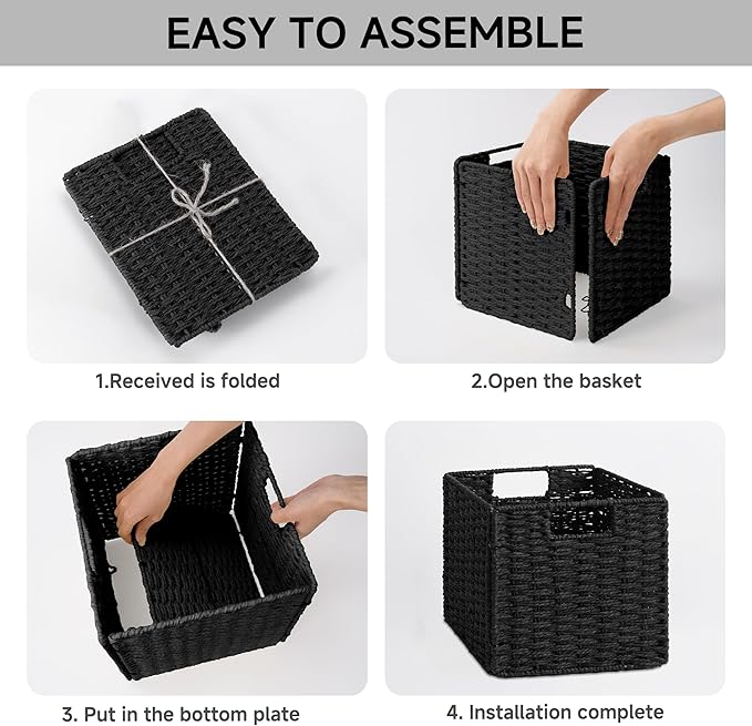 StorageWorks 9 inch Wicker Storage Cubes, Handwoven Wicker Baskets for Storage, Square Cube Basket, Foldable Paper Rope Basket for Organizing, Black, 2 Pack