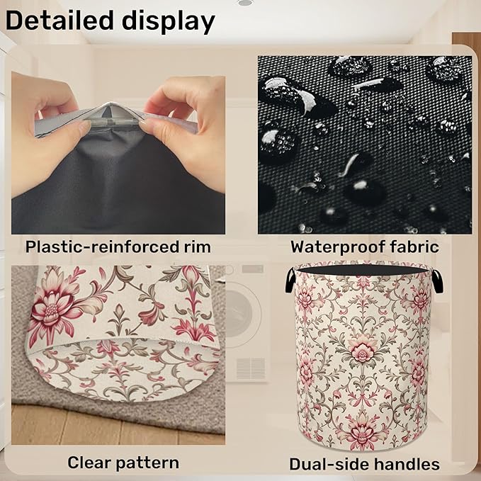 Vintage Floral Patterns Laundry Basket - Heavy Duty 60L Dirty Clothes Organizer, Water Resistant Foldable Hamper for Men Women