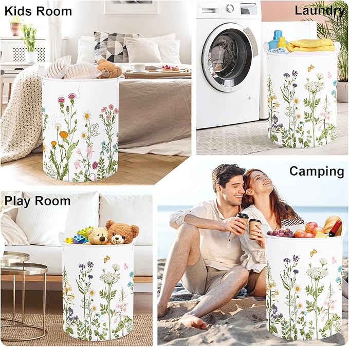Colourful Flowers Laundry Hamper Large Storage Basket Floral Collapsible Adult Organizer Kids Clothes Toys Bins for Bedroom, Bathroom, Butterfly, 63L