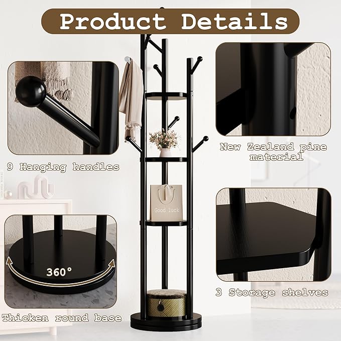 Solid Wood Coat Rack Freestanding, Rotating Coat Rack with 3 Shelves and 9 Hooks, Coat Tree for Bedroom, Entryway, Livingroom, Coat Hanger Stand for Coats, Scarves, Handbags (Black)