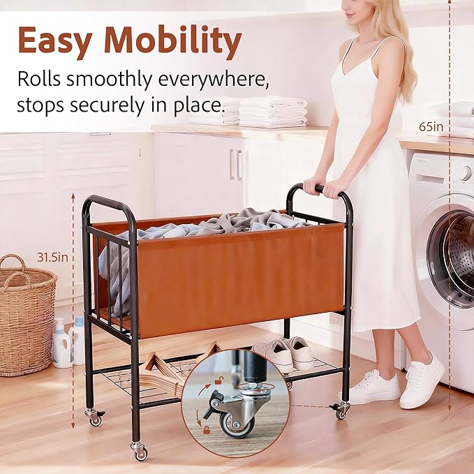 laundry basket with wheels, rolling laundry basket dirty clothes hamper storage cart, double laundry hamper for Bedroom, Laundry Room, Closet, Bathroom, College, 85L Large capacity (Black)