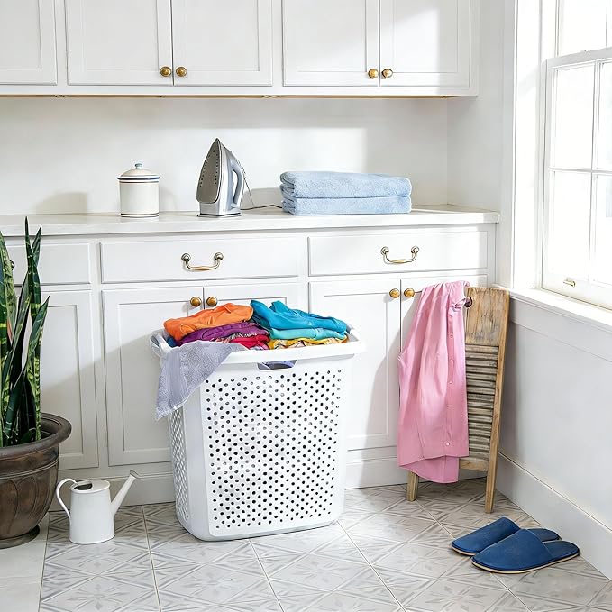 2-Pack 2.5 Bushel Large White Plastic Laundry Baskets - Heavy Duty Hamper with 4 Handles & Ventilation Holes, Space-Saving Storage for Laundry Room, Apartment, Dorm, Bedroom, Bathroom