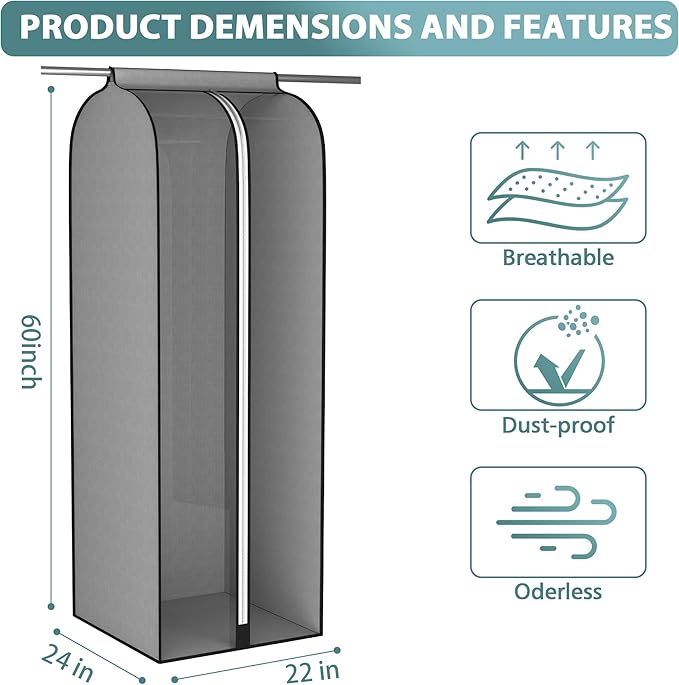 22” Gusseted Garment Bags for Hanging Clothes, Large Clear Window Clothes Cover for Closet Storage, Wardrobe Coat Protector for Suit, Shirt Long Dress, Bottom Enclosed, 2 Pack, 60” Long