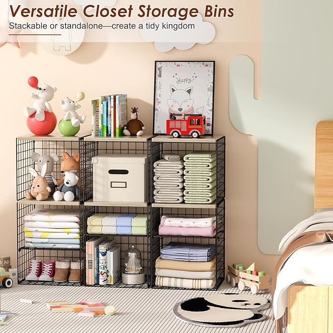 6-Tier Closet Organizers and Storage, Closet Shelves with Adjustable Dividers & Wood Top, Dual-Layer Reinforced Storage Bins, Larger Capacity Clothes Shelf Basket for Closet Organizer System
