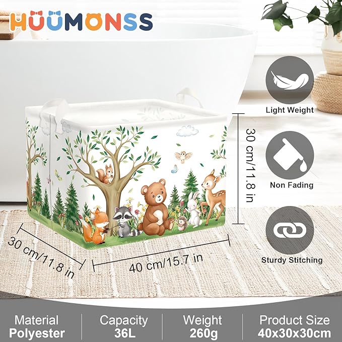 Forest Animals Laundry Hamper Woodland Tree Large Storage Basket Parents Organizer Kids Clothes Toy Bins for Bedroom, Bathroom, Bear, 36L