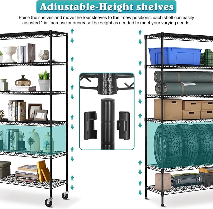 6-Tier Heavy Duty Wire Shelving Unit with Wheels or Leveling Feet, 6000 LBS Total Capacity, Adjustable Metal Storage Rack for Garage, Pantry, Kitchen, Basement, 48" W x 18" D x 76" H, Black