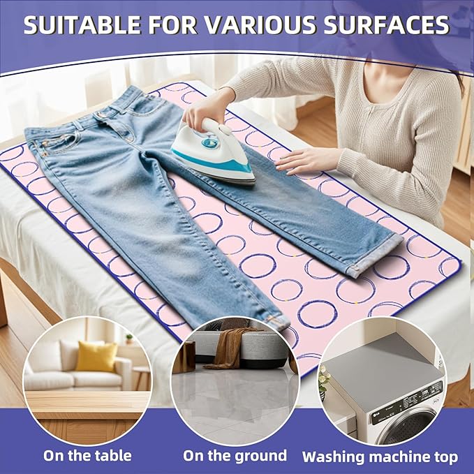 Foldable Ironing Mat, Portable Hanging Ironing Pad with Silicone Iron Rest, Heat Resistance Ironing Pad Cover for Washer, Dryer, Table Top, Countertop (Pink)