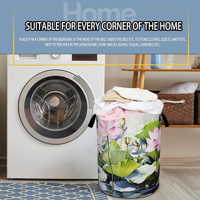 Lotus Laundry Basket Beautiful Flowers Foldable Oxford Cloth Funny Tote Bag Laundry Hamper Clothes Storage Bucket Toy Organizer For Bathroom/Laundry Storage/Bedroom 18.9x16.5 Inch