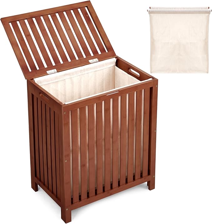 2LB Depot Bamboo Laundry Hamper - Dark Brown Organizer with Lid - Solid Wood Construction with Canvas Liner and Wooden Rods - Hand Grips for Portability - Stylish and Durable Laundry Basket -78L