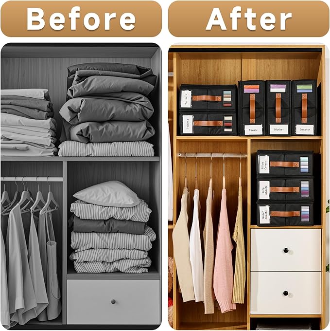 8pack Bed Sheet Organizer, Foldable Linen Closet Organizers and Storage with Sealed Design, Queen & King Size Sheet Storage with Window, Closet Organizer for Bedsheets/Blankets/Clothes, Black