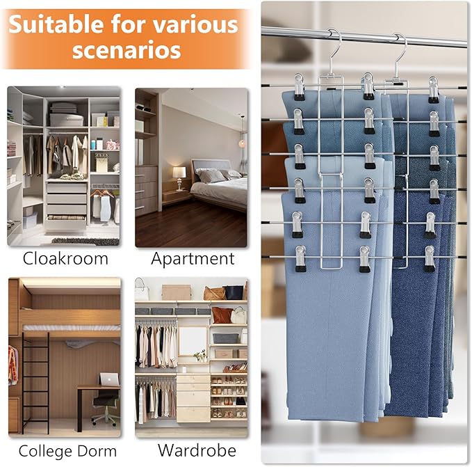 Pants Hangers with Clips, 6 Tier Skirt & Pants Hangers Space Saving,Closet Organizers and Storage Skirt, Clothes & Pants