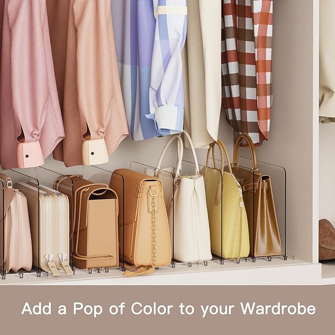 Criusia Adjustable Closet Purse Organizer Rack – 28.8" Extra-Long Shelf Divider with 6 Base Panels & 8 Dividers – Non-Slip Handbag Holder for Bags, Clothes, Kitchen, Office (Pack of 2)