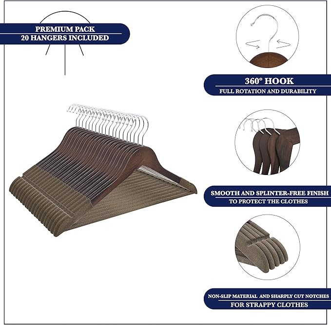 Wooden Hangers - Non Slip Luxury Natural Lotus Wood & Velvet Suit & Pants Hangers - 360 Rotating Hooks - 20 Pack